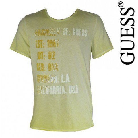 GUESS - T SHIRT COL ROND EFFET DEVALE JAUNE